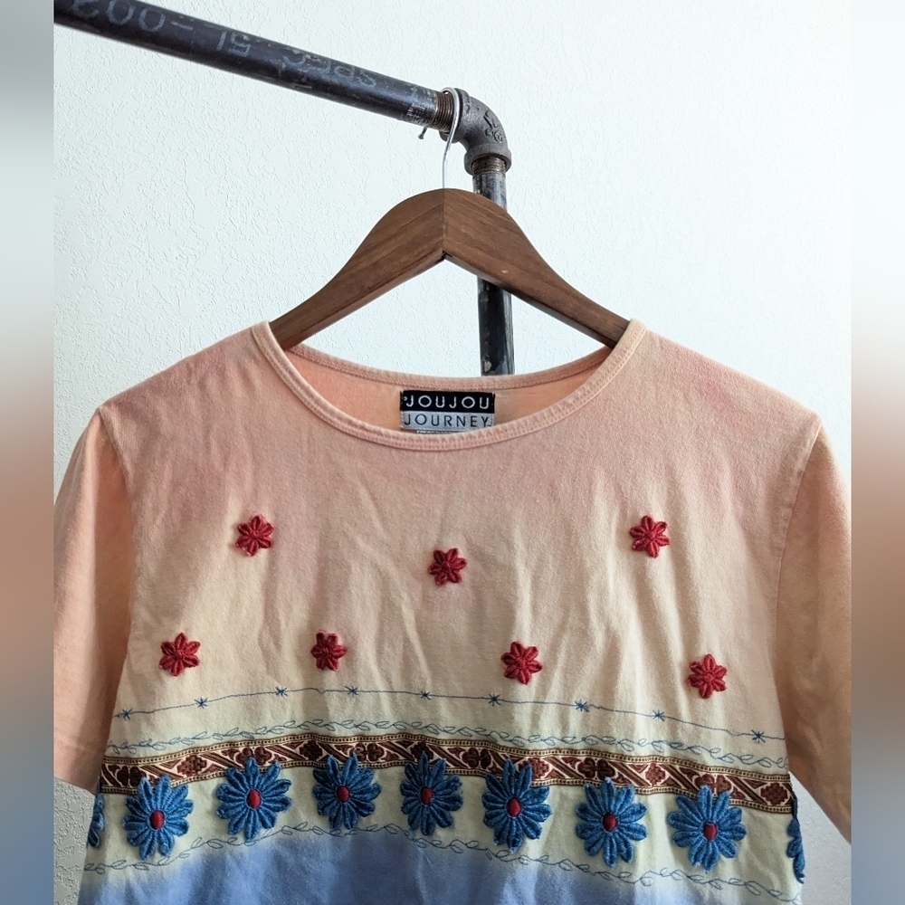 VINTAGE Jou Jou Journey Embroidery Boxy Fit Ombre Floral Crewneck Tee Shirt - Picture 2 of 4